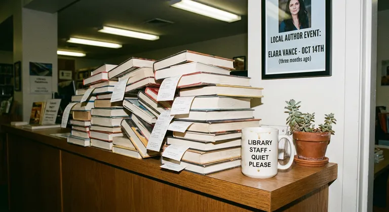A medium still-life photograph of a library's returns desk: a stack of books returned over the course of a day, still in…