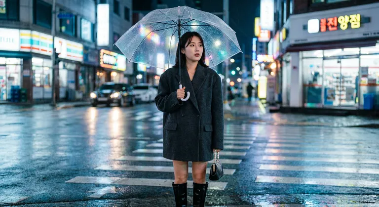 Medium close-up of a Korean woman in her late 20s standing at a rain-slicked Seoul crosswalk at night. She holds a trans…
