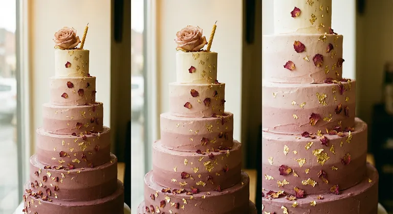 An editorial close-up of an extravagant layered birthday cake: seven tiers, each in a different shade of the same dusty rose palette, from nearly white at the top to deep mauve at the base. Decorated with pressed dried rose petals, micro gold leaf flakes, and a single fresh rose on top — slightly wilted. Shot from a slightly low angle to emphasize the height. Warm bakery light. A birthday candle, unlit, tilts slightly at the apex.