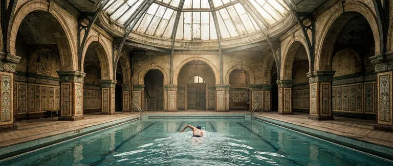 A wide establishing shot of an underground swimming pool in a Victorian bath-house — the original tiles still intact, do…