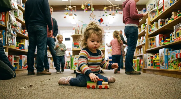 A medium candid of a toddler, maybe two years old, sitting on the floor of a busy toy store, completely absorbed in look…