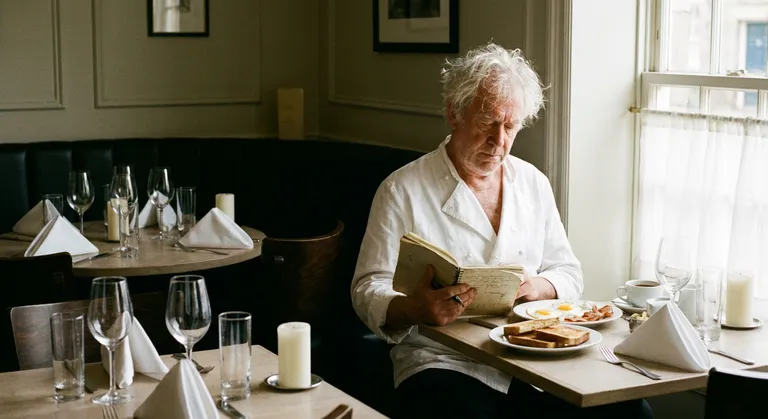 A quiet, contemplative medium shot of an older white-haired man sitting alone in an empty restaurant before opening, eat…