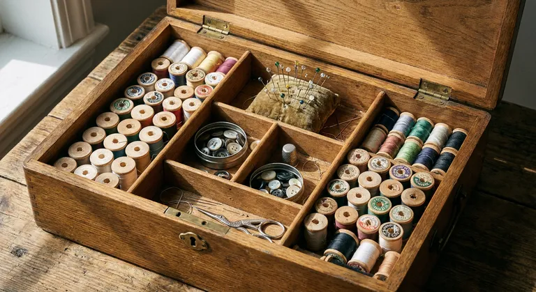 A hyper-detailed editorial of a vintage sewing box opened on a table: wooden, partitioned into small compartments holding spools of colored thread, a pincushion stuck with glass-headed pins, buttons in assorted sizes, a thimble, a small pair of scissors, loose needles. The thread colors are extraordinary — every shade from white to black. Shot from above, slightly tilted. Natural window light, sharp shadows inside the box. A catalog of a very particular, organized obsession.