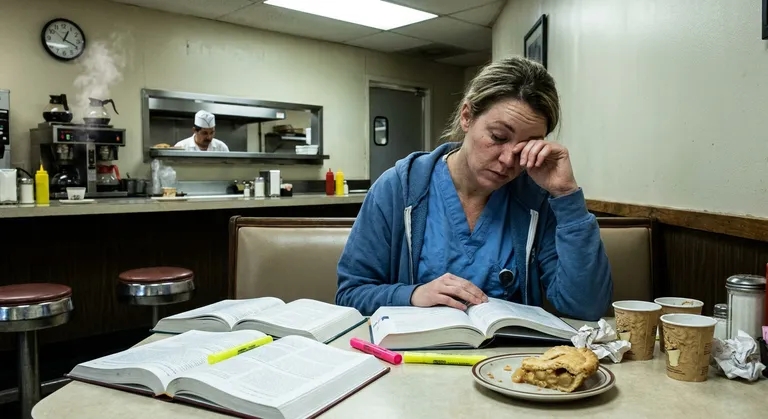 A medium shot of a woman in her late 20s studying for a professional exam at a diner booth at 2AM, surrounded by textboo…