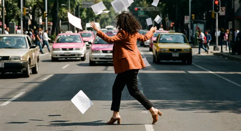 Candid street photograph of a young woman in Mexico City running across a busy avenue, a stack of papers flying from her arms. She wears a burnt-orange blazer, black cigarette pants, and low block-heeled mules. Traffic in the background is a colorful blur of pink and yellow taxis. Bright midday sun creates harsh top-light shadows. One paper is caught mid-air in perfect focus while she's slightly motion-blurred. The energy is chaotic, funny, and deeply alive.