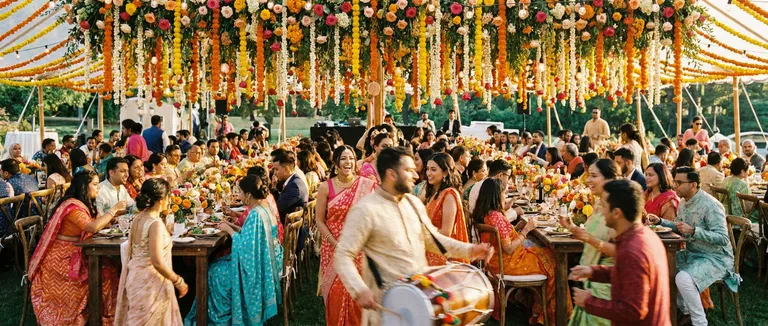 A wide, warm outdoor editorial of a South Asian wedding reception — a tent of extraordinary flowers overhead, long table…