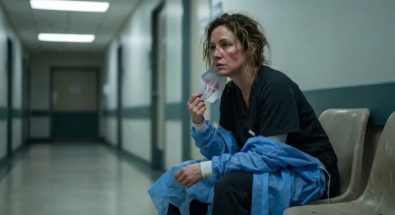 A deeply intimate portrait of a nurse removing her PPE at the end of a long shift — mask marks imprinted on her cheeks a…