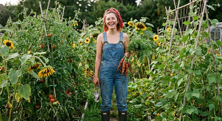 A medium editorial portrait of a young woman standing in a community garden, holding a bunch of freshly-pulled carrots in one hand and a trowel in the other. She wears overalls, a bright red scarf in her hair, and muddy wellies. The garden behind her is lush and chaotic — tomato plants staked high, sunflowers drooping, climbing beans. She grins straight at the camera. Summer light, dirt on her cheek. This is happiness at its most specific.