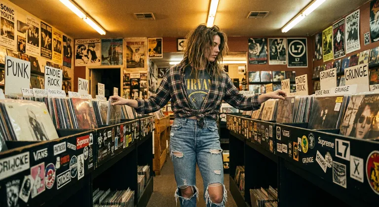 A full-length 90s-grunge fashion editorial of a woman standing in a record store aisle, flipping through vinyl. She wears a plaid flannel shirt tied at the waist over a sun-faded band tee, ripped high-waisted jeans, and beat-up chunky boots. Her hair is unwashed and a little wild. The record store is cluttered with handwritten section signs, faded band posters, and sticker-covered racks. Warm, slightly amber fluorescent light. Shot on film — grainy, slightly underexposed, real.