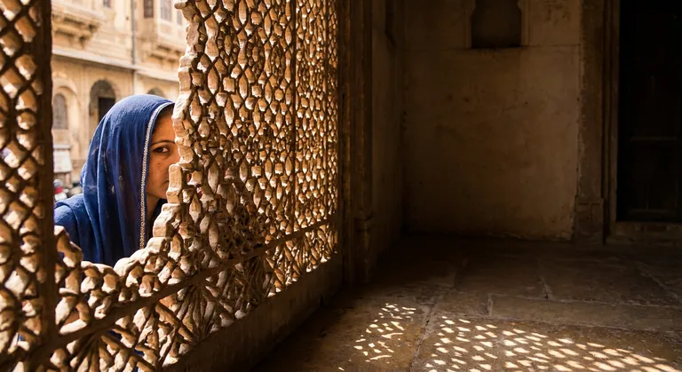 A travel photograph of a woman standing at the entrance of a Rajasthani haveli, peering through an ornately carved stone…